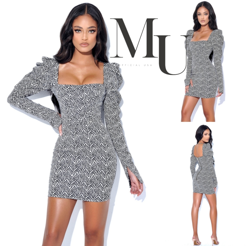 🖤Petra Herringbone Puff Long Sleeve Dress🤍 - Picture 1 of 16